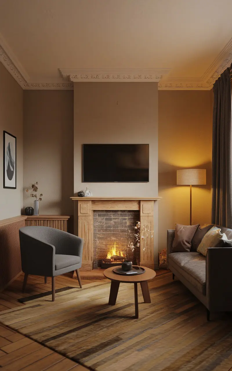 Cozy living room with a fireplace and TV above, showcasing efficient use of space