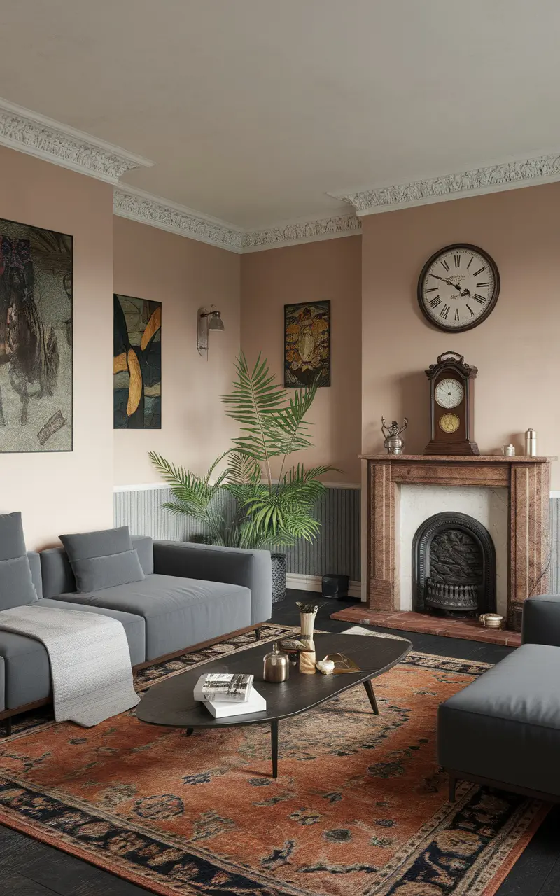 A cozy living room featuring a traditional fireplace, modern furniture, and a TV above the fireplace.