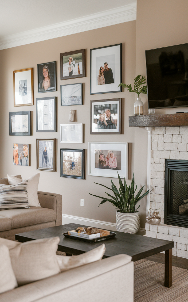 A cozy living room with a fireplace featuring a gallery wall of family photos above the mantel.