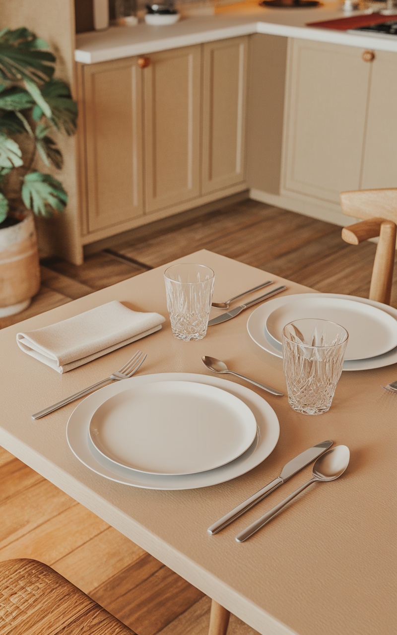 A simple table setting in a Scandi style kitchen featuring neutral plates, elegant glassware, and minimal utensils.