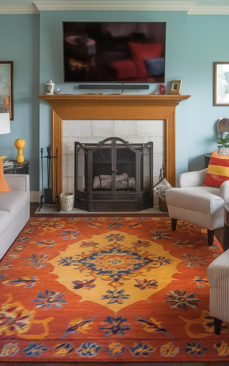 A colorful area rug in a living room with a fireplace and a TV above it.