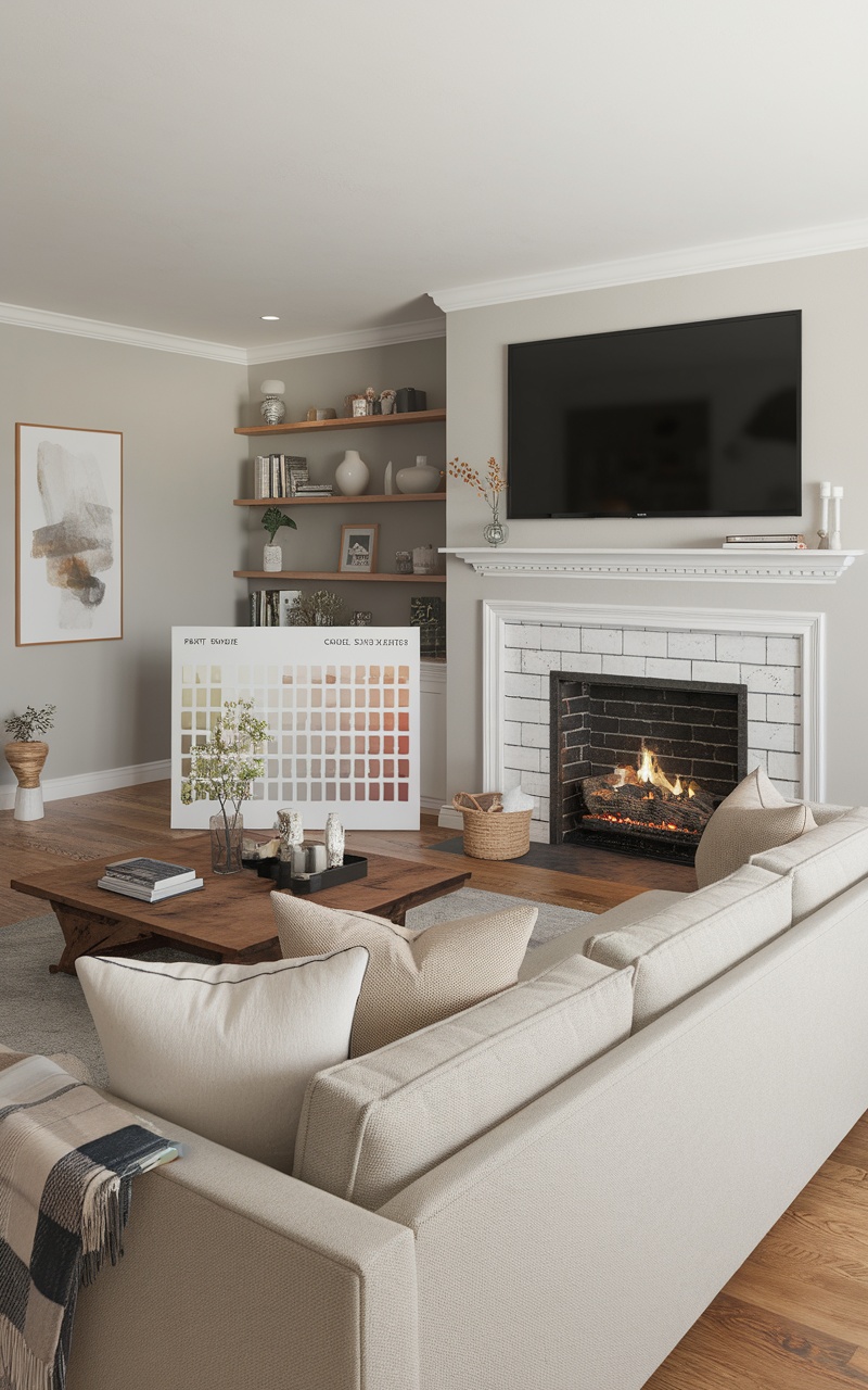 Cozy living room with a fireplace, TV above it, and a color palette selection.