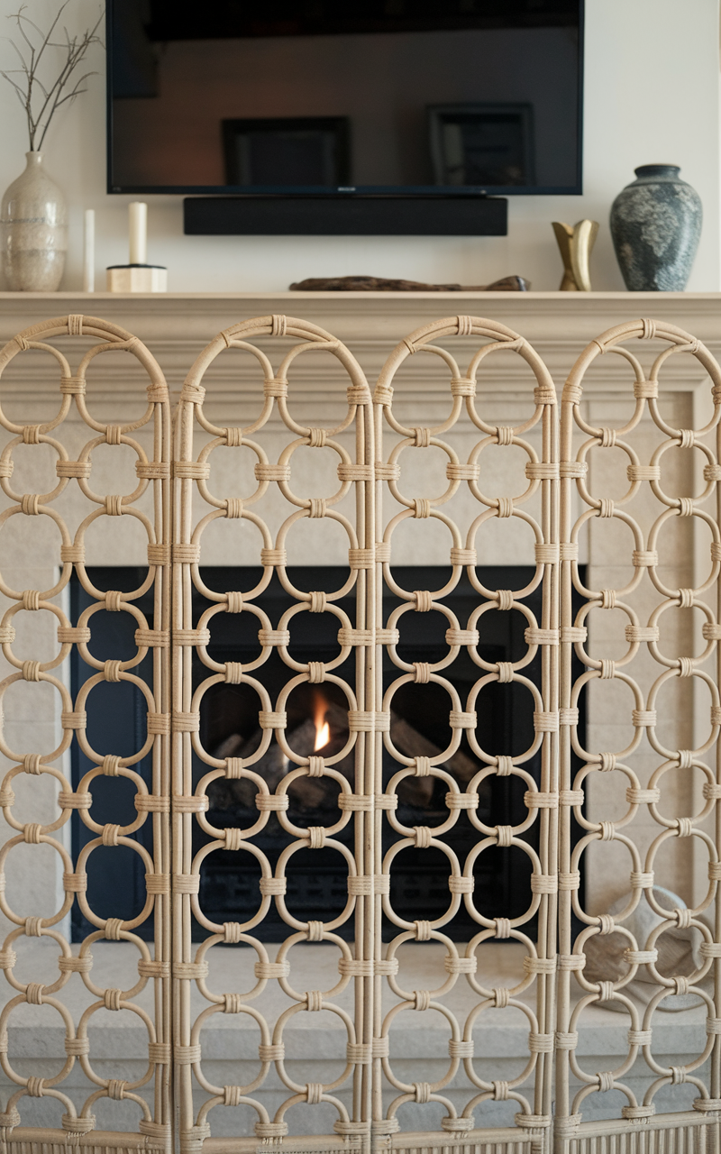 A decorative screen framing a fireplace in a stylish living room decor