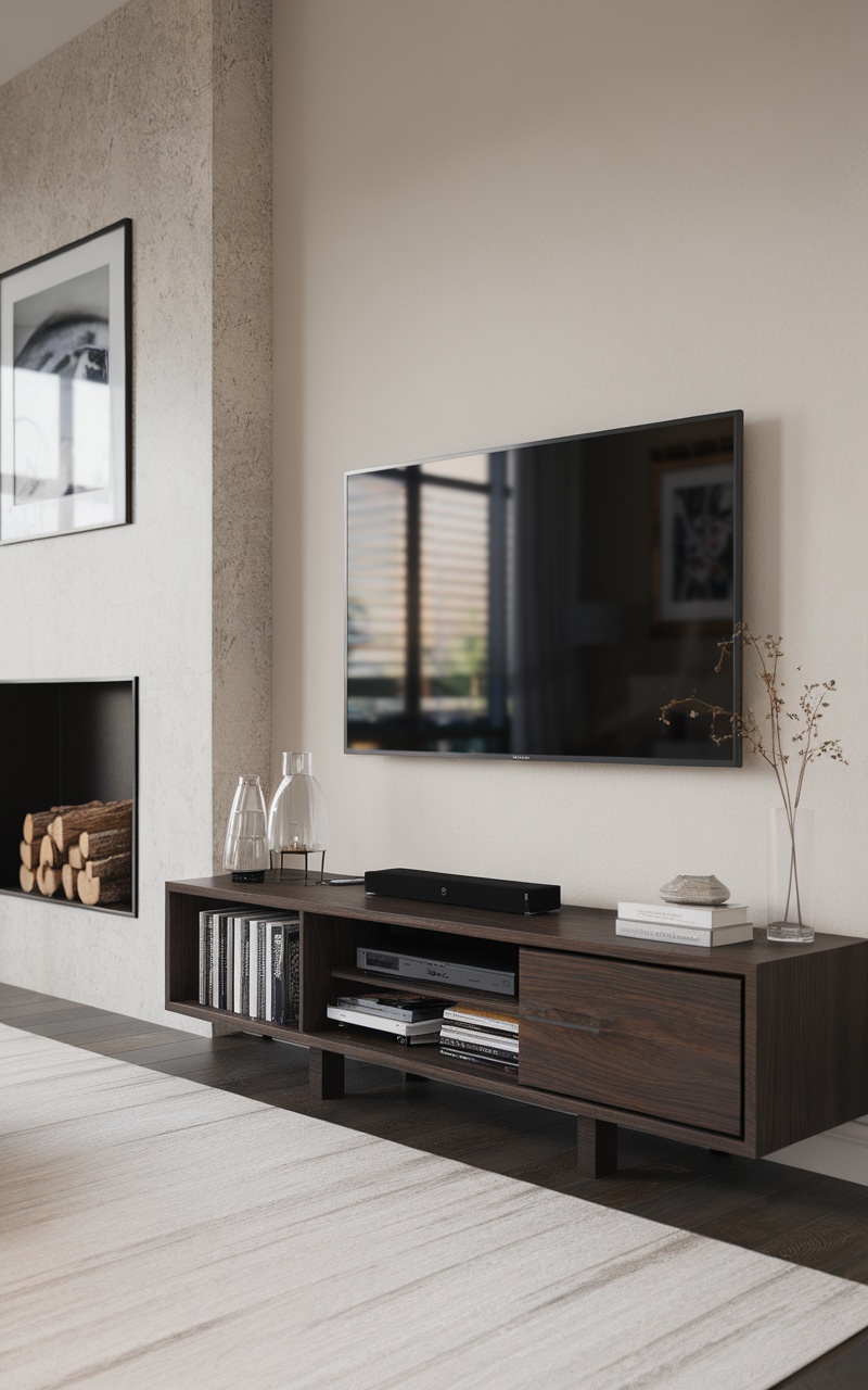 A modern living room with a TV mounted above a fireplace and a stylish console for storage.