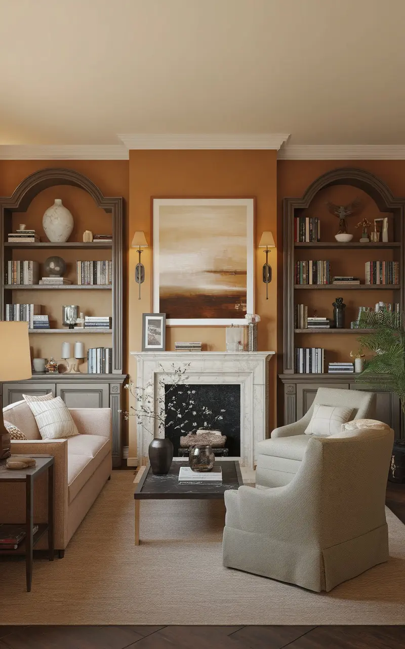 Living room with a fireplace and stylish shelves, showcasing books and decor.