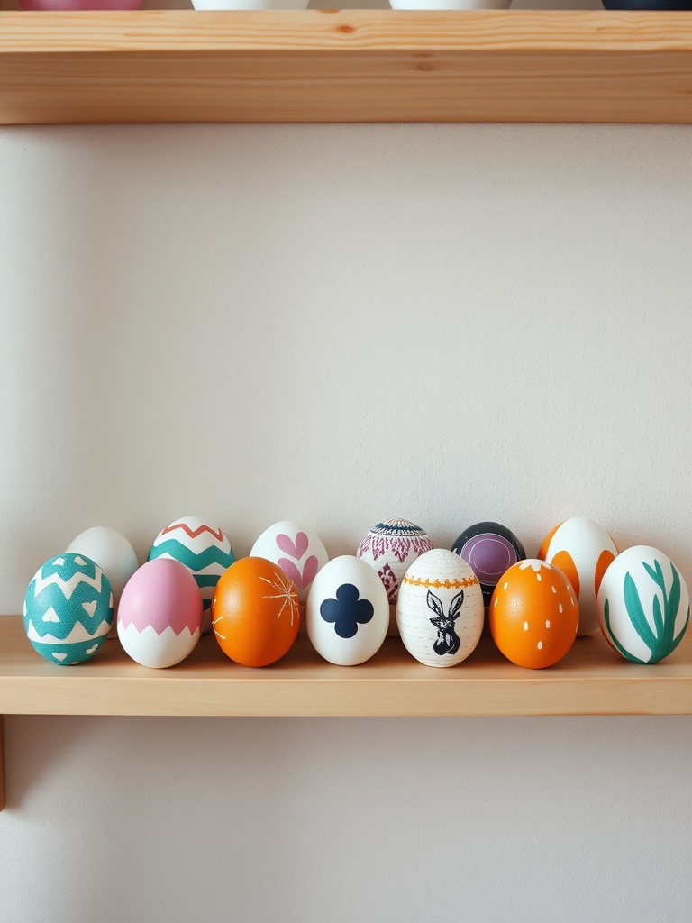 A variety of decorated Easter eggs displayed on a wooden shelf.