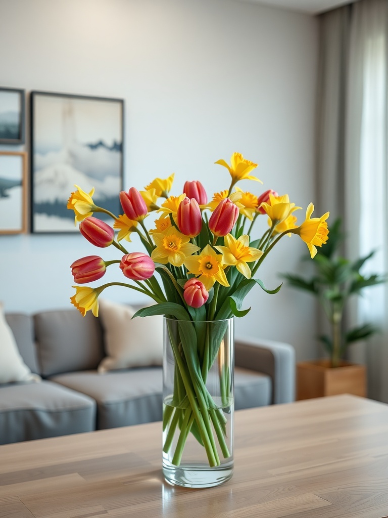 A vibrant floral arrangement with yellow daffodils and red tulips in a clear glass vase on a wooden table.