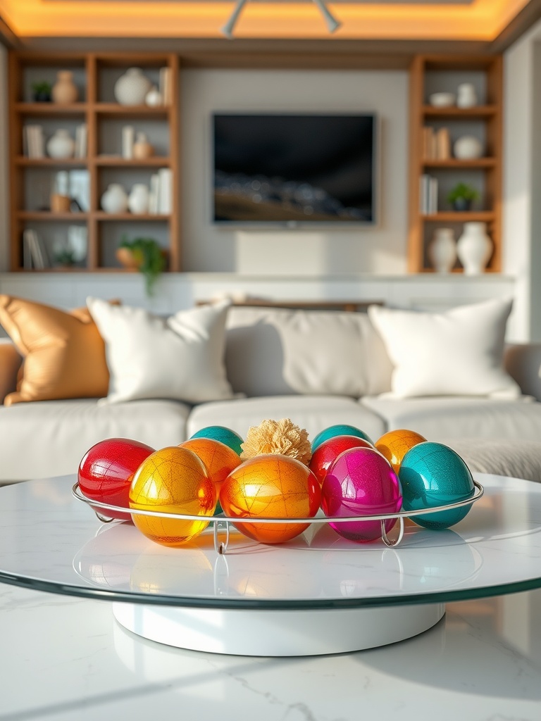 A stylish arrangement of brightly colored glass eggs on a coffee table