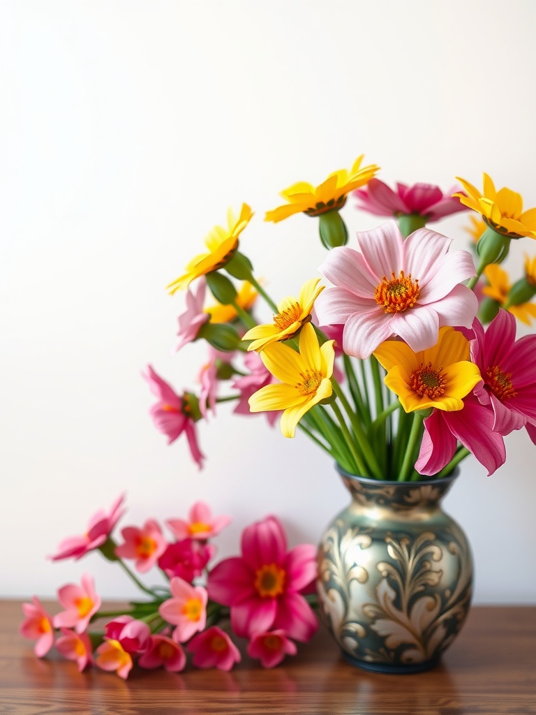 A vase filled with brightly colored silk flowers in pink, yellow, and green, placed on a wooden surface.