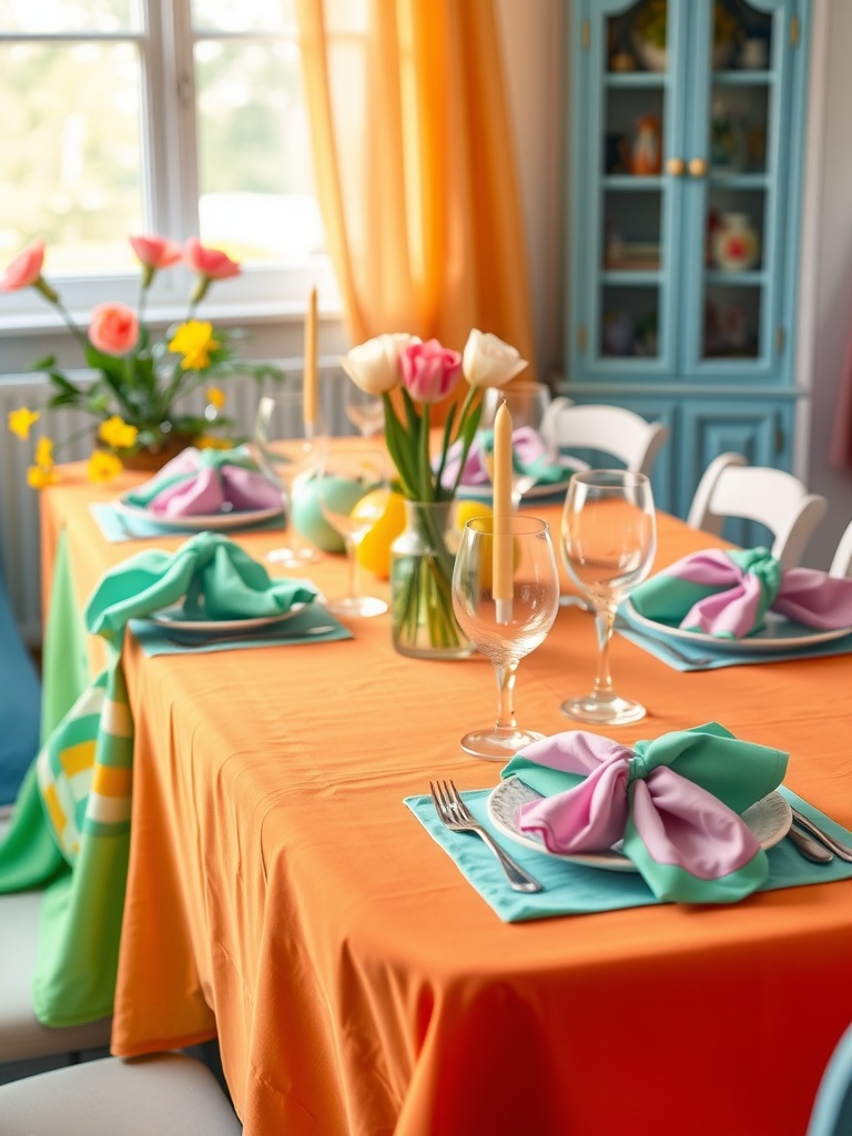 A brightly colored Easter table setting featuring an orange tablecloth, aqua and lavender napkins, and fresh flowers.