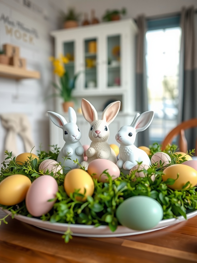 Bunny-themed centerpiece with three bunnies and colorful eggs in a bowl of greenery