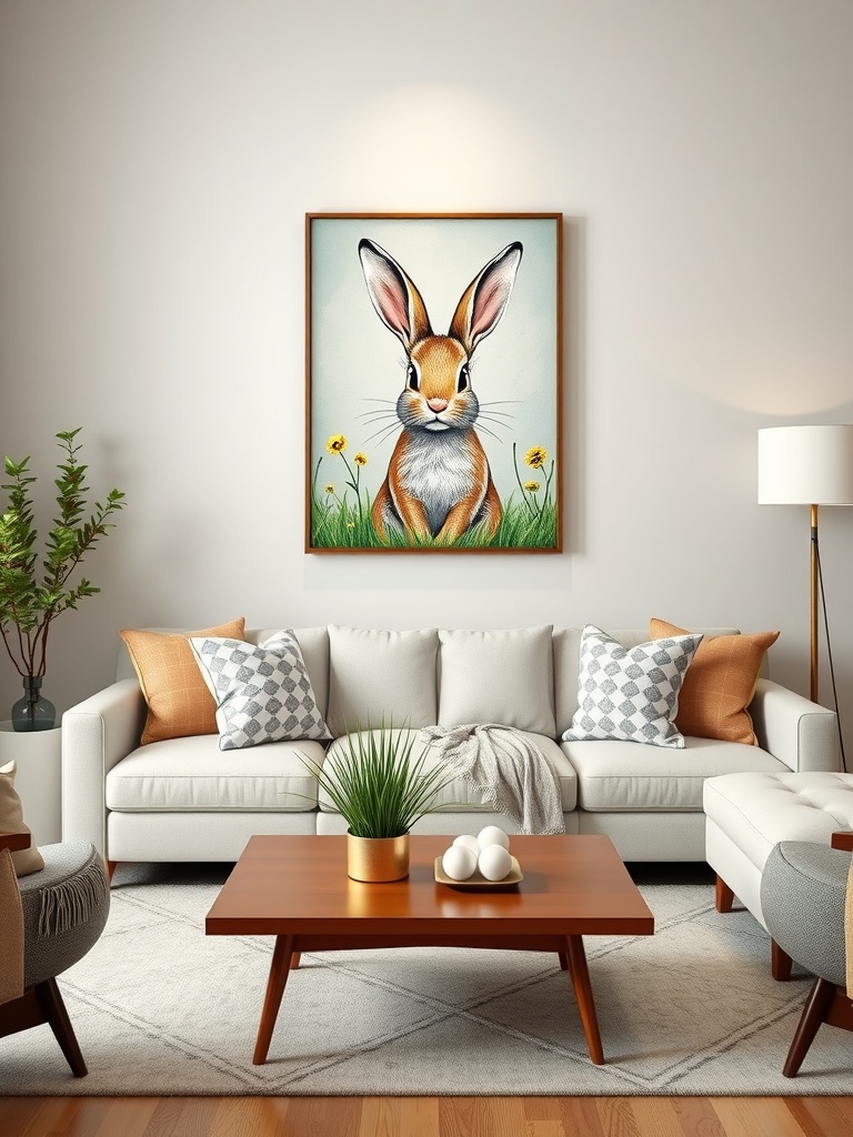 A cozy living room featuring bunny-themed wall art.