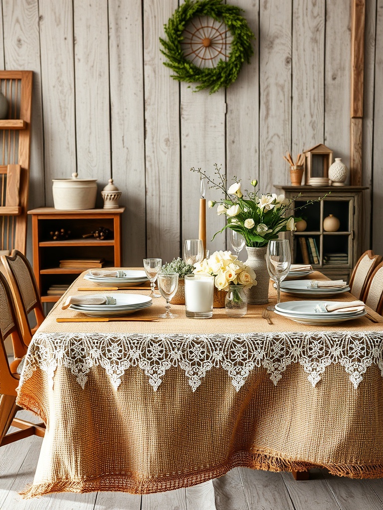 A rustic table decorated with a burlap tablecloth and lace overlay, featuring flowers and candles.