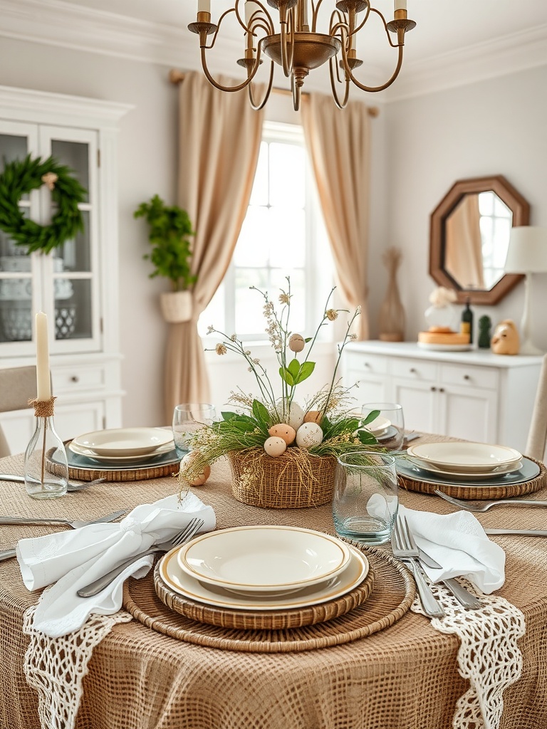 A beautifully set table featuring burlap and lace decor, with a centerpiece of eggs and greenery.