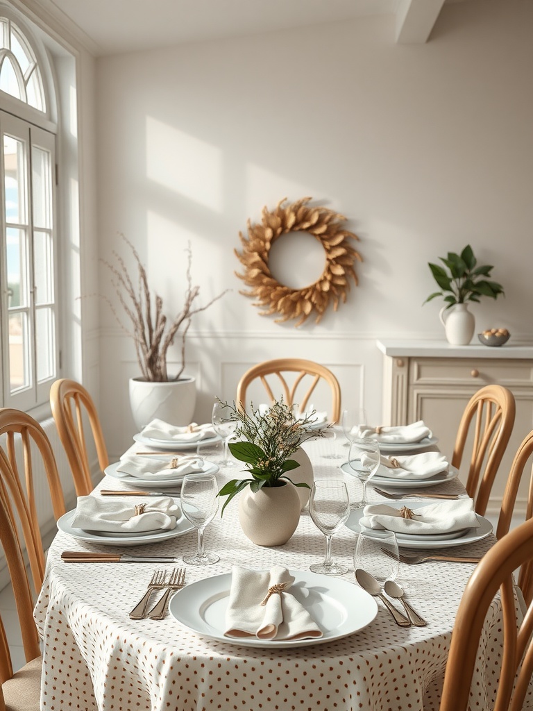 A beautifully set dining table with a calico print tablecloth and natural decor elements.