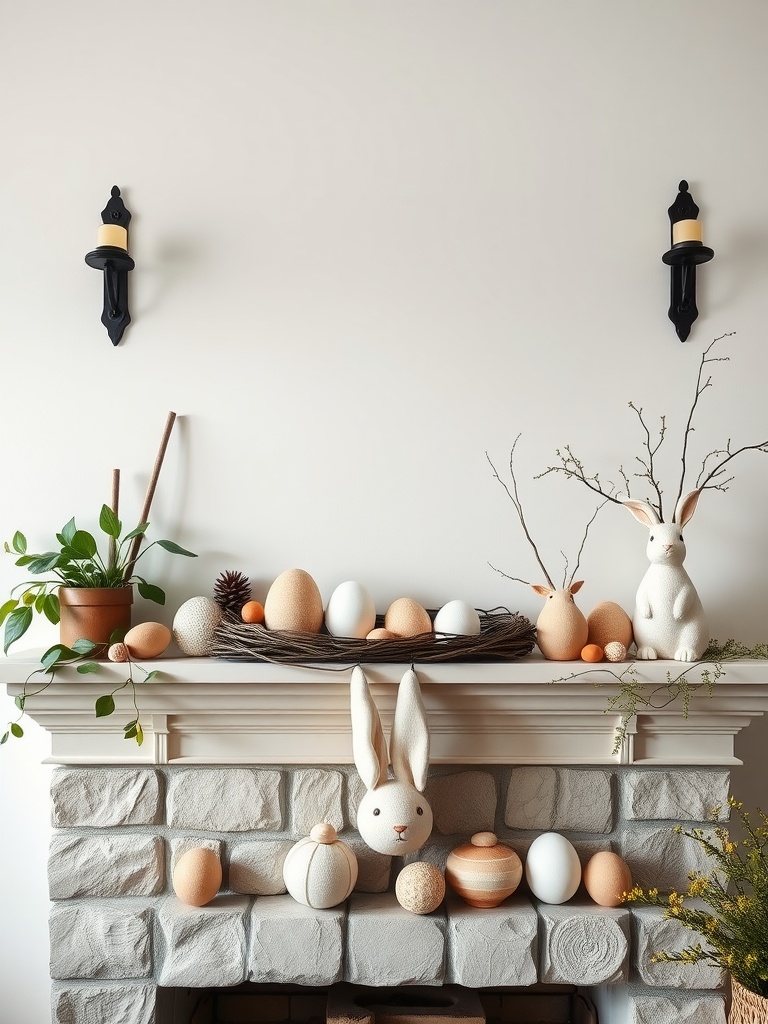 A mantel decorated with neutral Easter decor, featuring earthy toned eggs, a rabbit figure, and greenery.