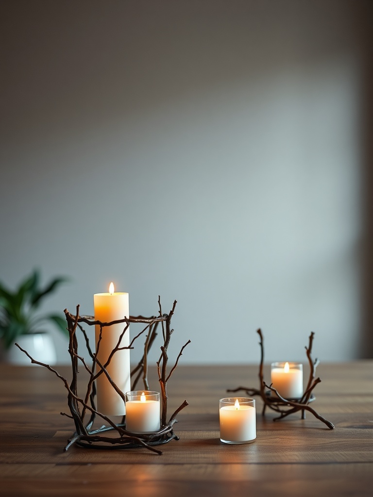Candle holders made from branches with white candles on a wooden table