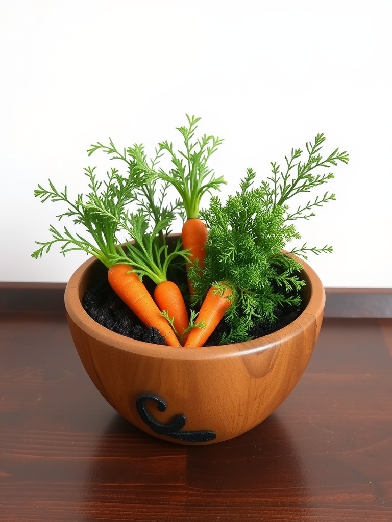 A wooden bowl filled with faux carrots and greens, styled as a garden centerpiece.