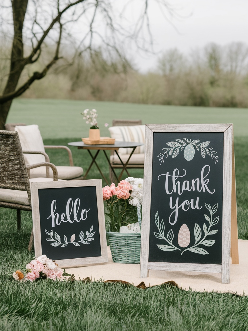Chalkboard Easter signs surrounded by decorative bunnies and eggs in a garden setting.