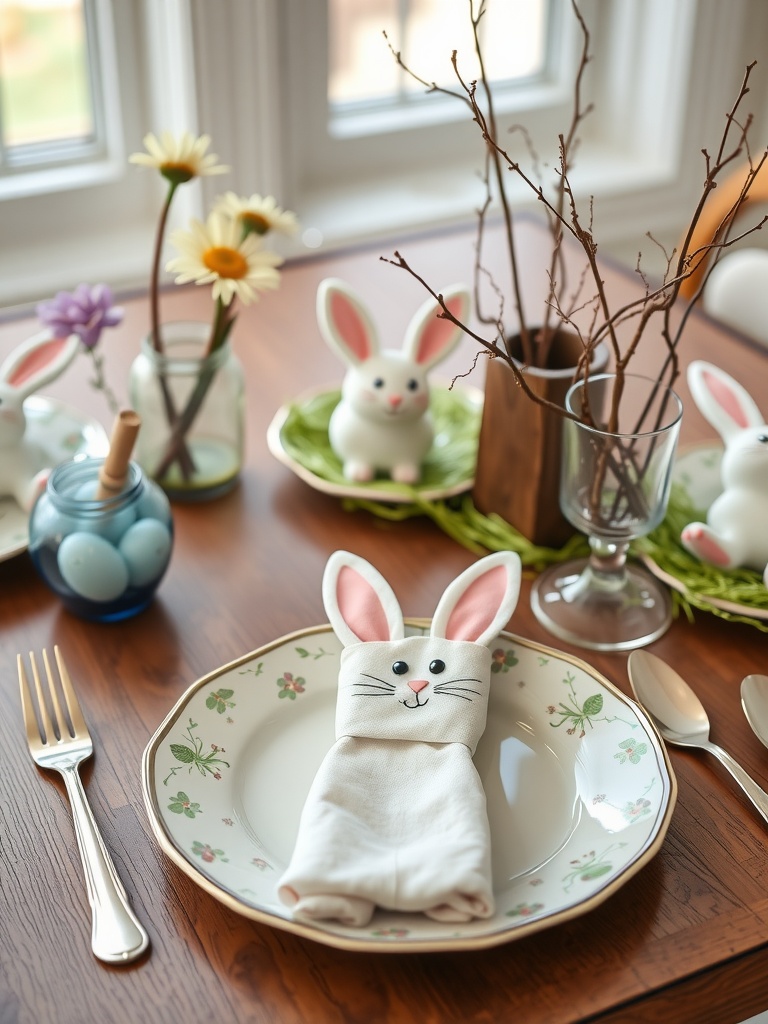 A charming Easter table setting featuring bunny-themed napkin folds, flowers, and decorative items.