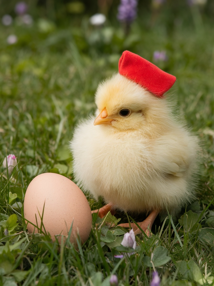 A fluffy chick standing next to a brown egg on a bed of pebbles and grass.