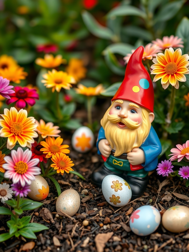 A cheerful garden gnome surrounded by colorful flowers and decorated Easter eggs