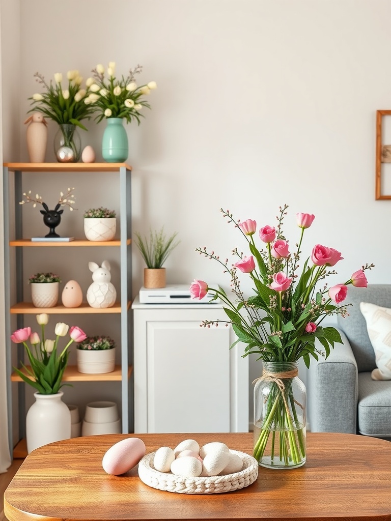 A cozy living room featuring pink tulips in a vase, decorative Easter bunnies, and pastel eggs on a wooden table.