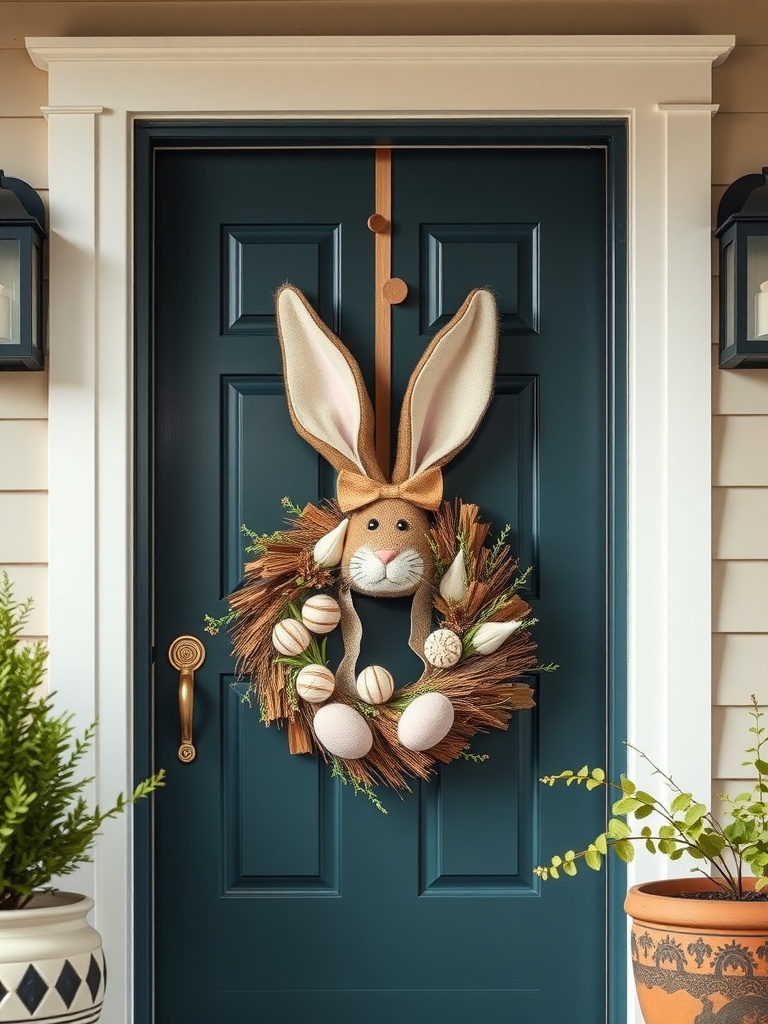 A decorative bunny wreath with soft ears and pastel eggs on a blue door