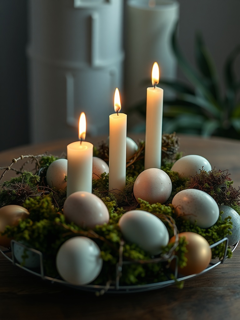 A centerpiece featuring three lit candles surrounded by decorative eggs and moss.