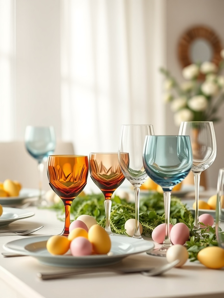 A beautifully set Easter table with colorful glassware and decorative eggs.