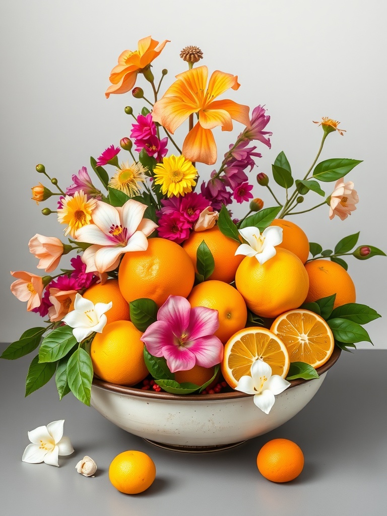 A beautiful arrangement of oranges and vibrant flowers in a bowl.