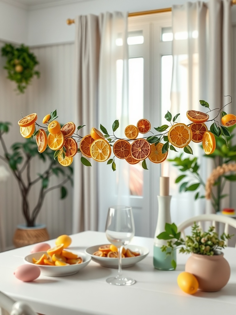 A decorative garland made of dried citrus slices hanging above a table with fresh fruits and a glass.