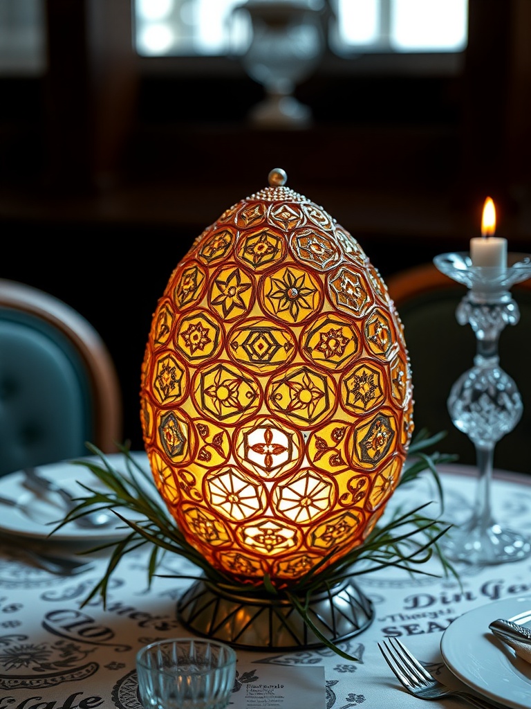 A colorful beaded egg centerpiece on a dining table