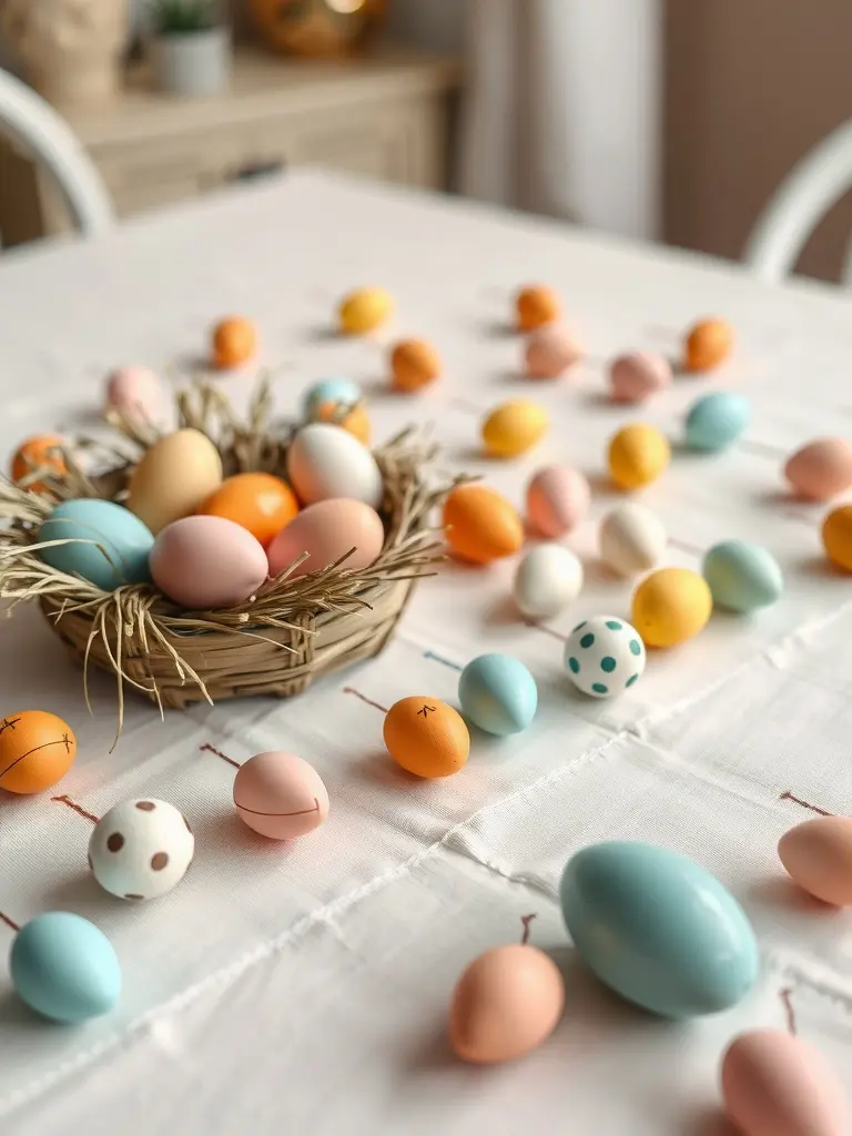 A table decorated with colorful Easter eggs, including a basket filled with eggs and scattered eggs in various pastel colors.