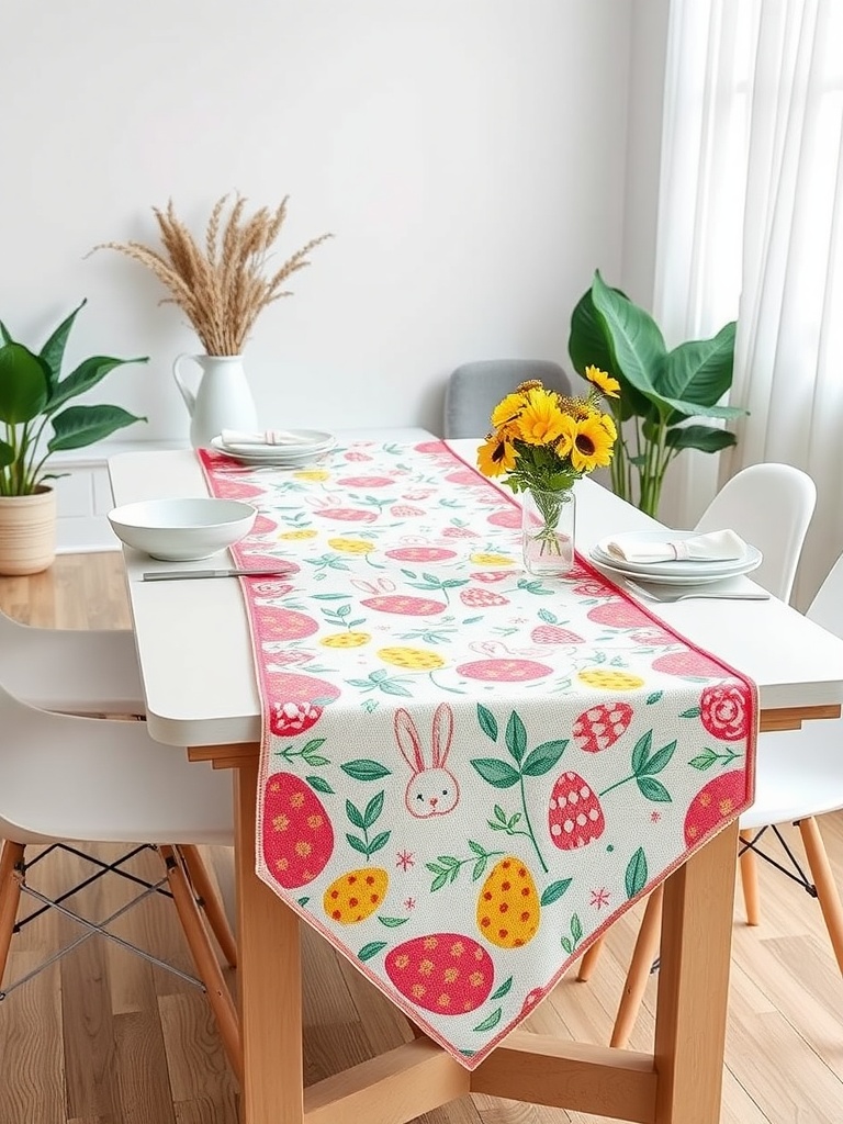 A colorful table runner featuring bunnies and decorated eggs, set on a bright dining table with sunflowers and plants.
