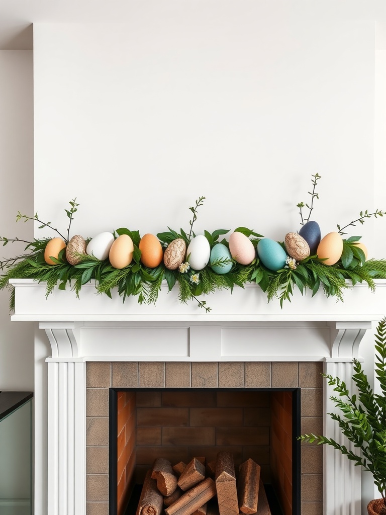 A modern Easter garland featuring colorful eggs and greenery on a mantel.