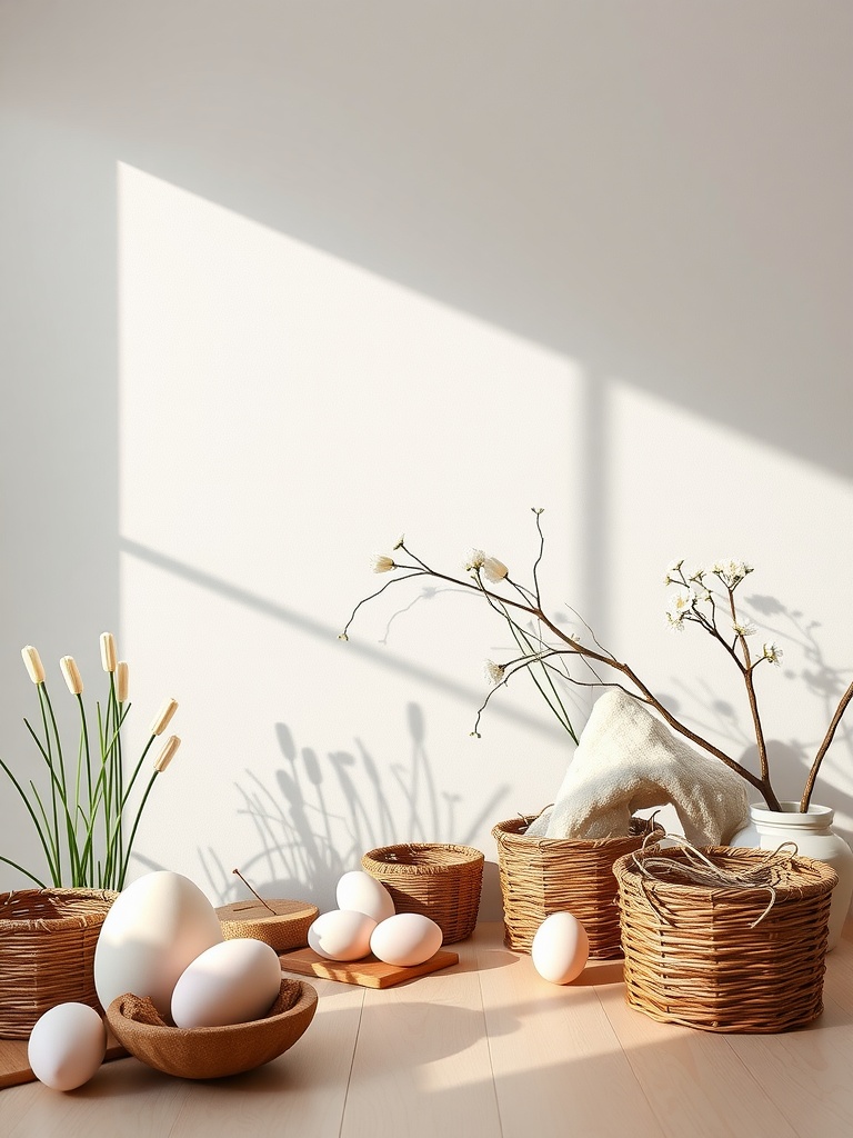 A minimalist Easter decor setup featuring neutral colors, baskets, and eggs