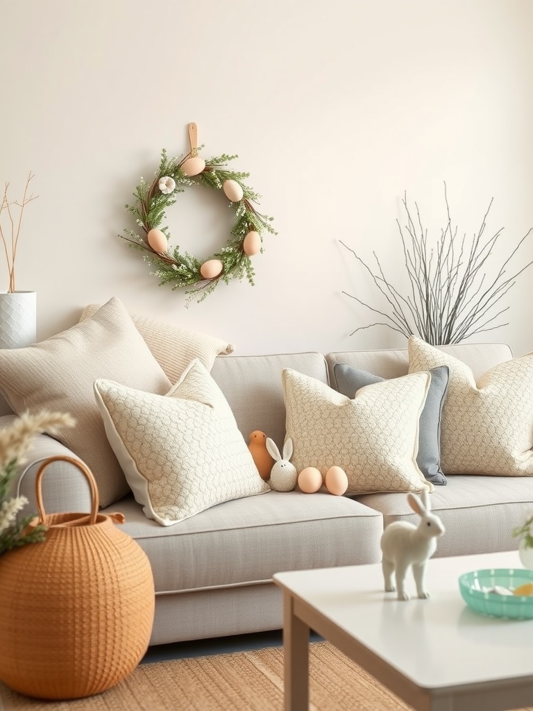 A cozy couch decorated with creamy textured pillows, festive Easter decor, and a neutral color scheme