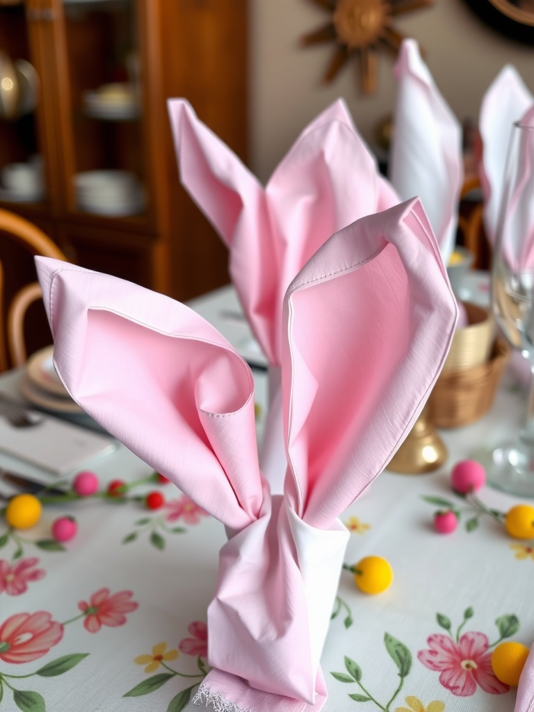 Bunny ear napkin holders made from pink napkins on a festive Easter table.