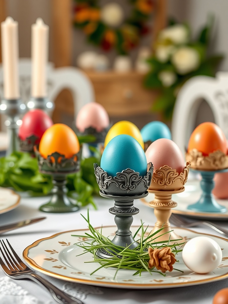 Decorative egg holders with colorful eggs on a beautifully set table for Easter.