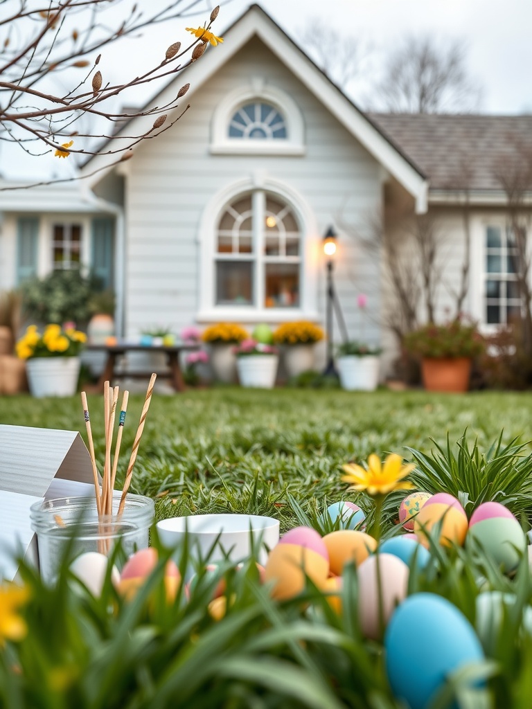 A creative egg painting station in a backyard with colorful eggs and art supplies.