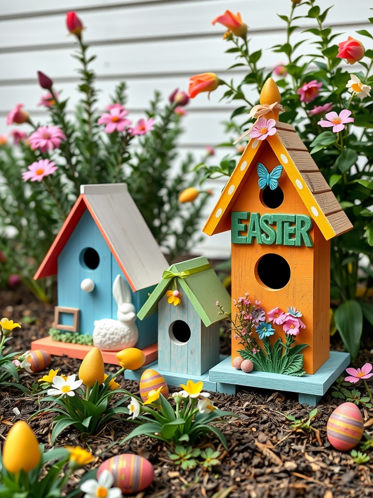Colorful decorative birdhouses with flowers and Easter eggs in a garden setting.
