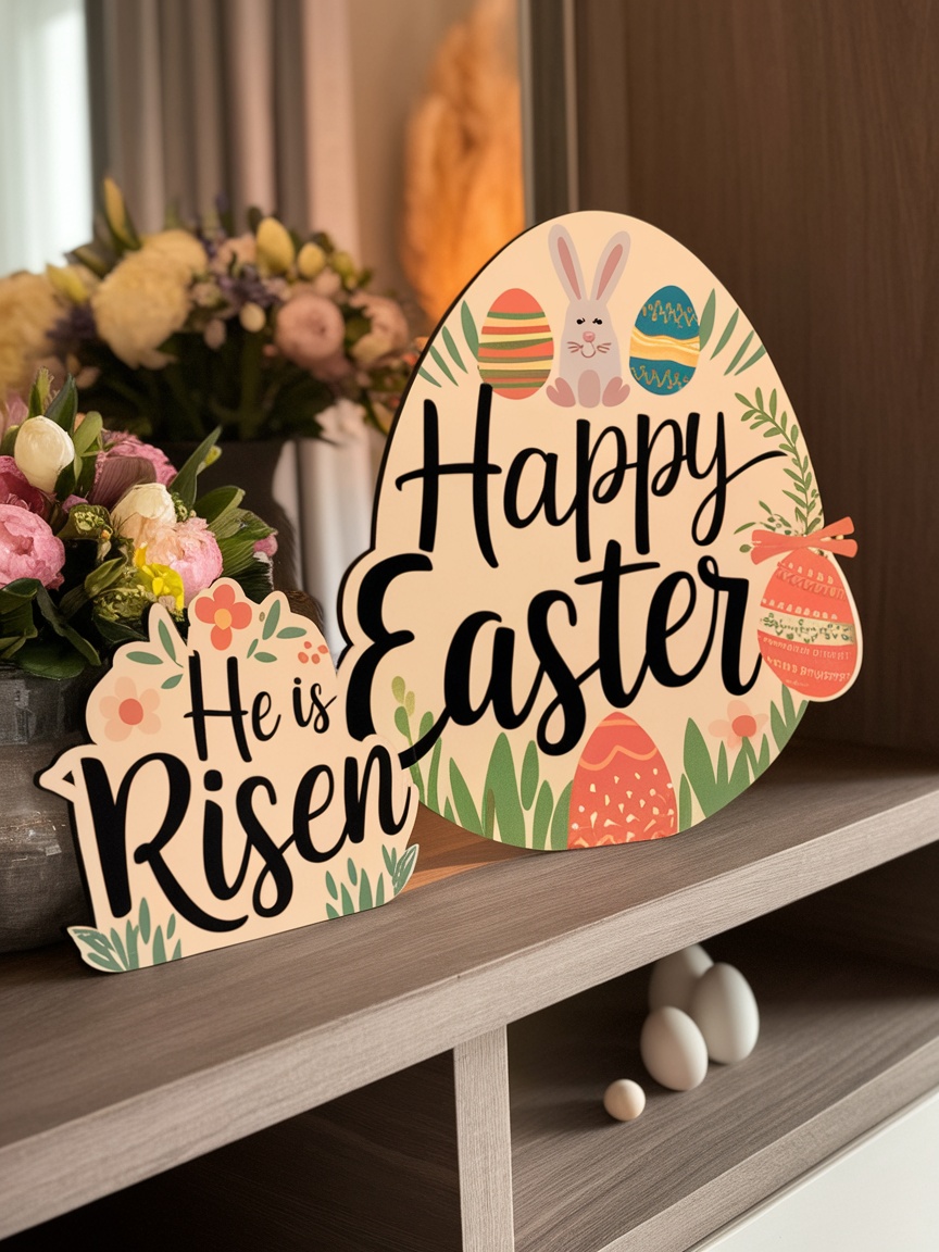 Bright living space decorated for Easter with various signs and decor elements