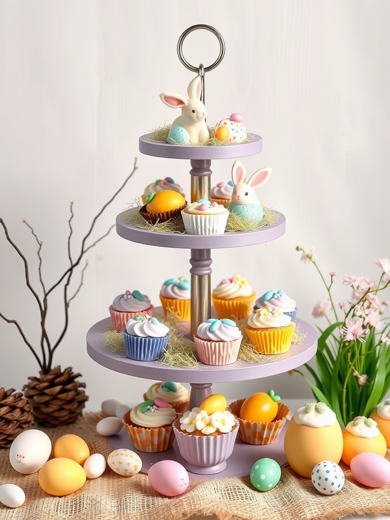 A decorative tiered stand featuring colorful cupcakes and Easter-themed treats.
