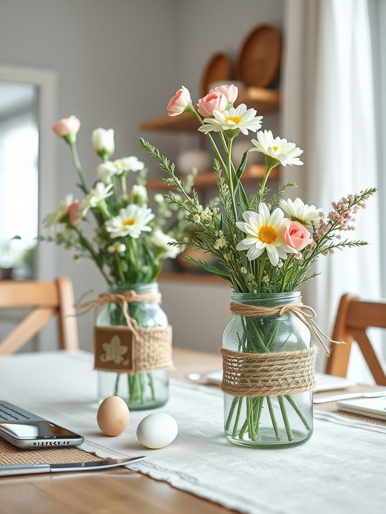 Decorative glass jars with flowers wrapped in twine, alongside colored eggs on a table.