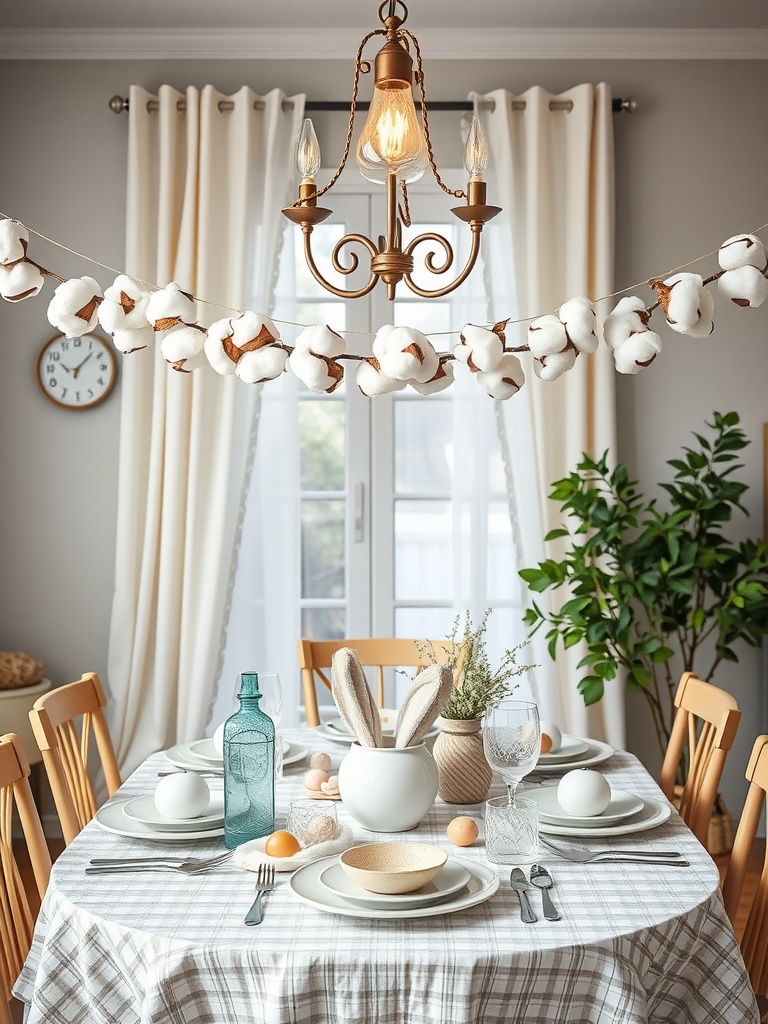 A dining table decorated for Easter with a cotton garland hanging above, featuring soft colors and natural decor elements.