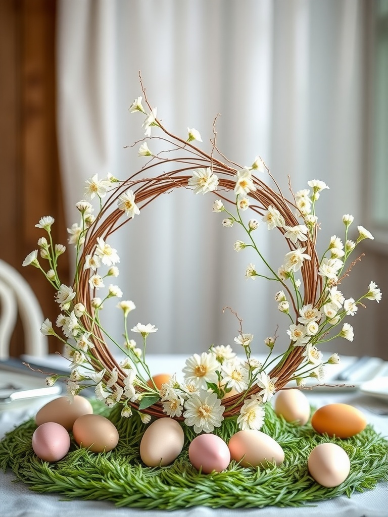 A delicate spring wreath centerpiece with flowers and eggs for an Easter tablescape.