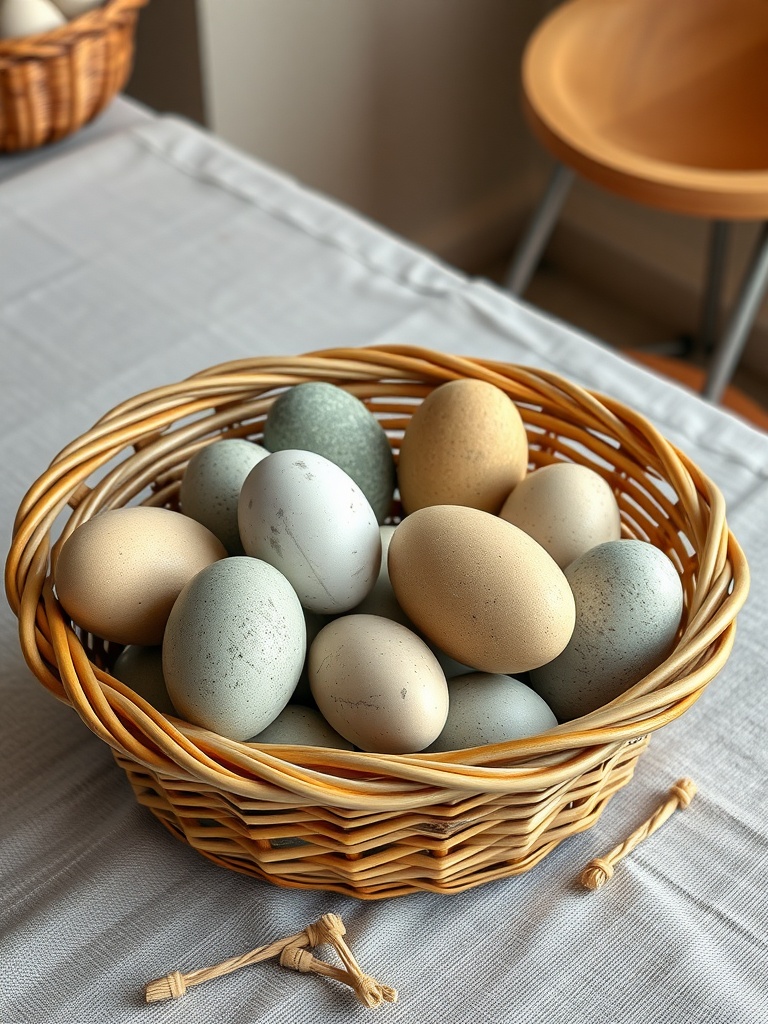 A woven basket filled with earthy stone-colored eggs on a light tablecloth.
