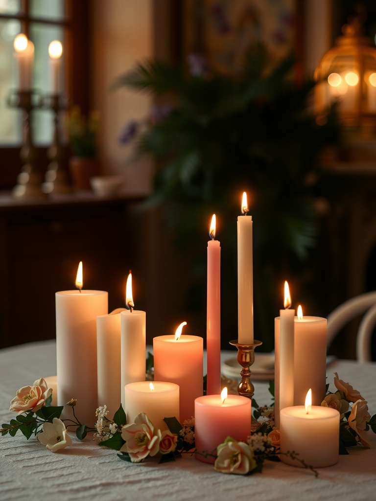 An arrangement of lit candles in various heights surrounded by flowers, creating a warm Easter atmosphere.