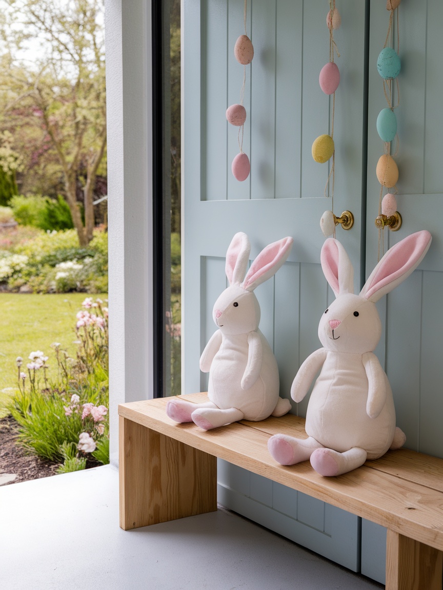 A beautifully decorated entryway for Easter featuring a welcome mat that spells 'EASTER', bunny figurines, colorful eggs, and lush greenery.